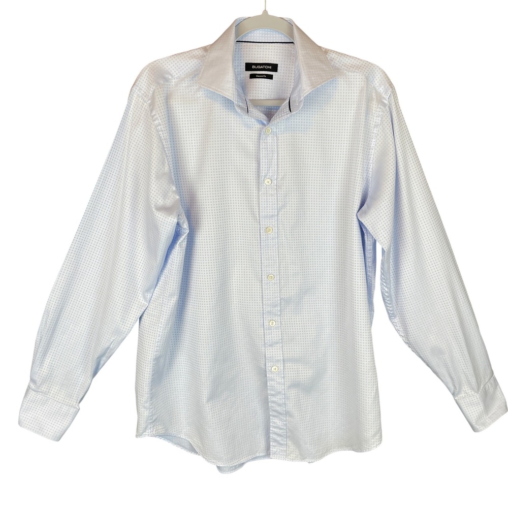 BUGATCHI Men's Light Blue Classic Fit Micro Dot Dress Shirt Cotton Medium